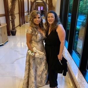 Nightway Floral Brocade Off Shoulder Gown w/ Slit…